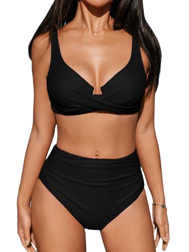 CUPSHE Damen Bikini Set Wickeloptik Crossover Bügel Push Up High Waist Bikini Bademode Zweiteiliger Badeanzug Swimsuit Schwarz L von CUPSHE
