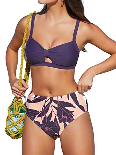 CUPSHE Damen Bikini Set Zierausschnitten Lace Up High Waist Bademode Knoten Blumenmuster Zweiteiliger Badeanzug Swimsuit Lila/Rosa Blumen S von CUPSHE