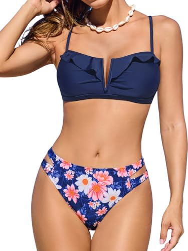 CUPSHE Damen Bikini Set Zweiteilige Bademode Herzausschnitt V Bügel Rüschen Kreuzverbund Rücken Cheeky Bottom Badeanzug Damen Schwimmanzug Marineblau/Blumenmuster XL von CUPSHE