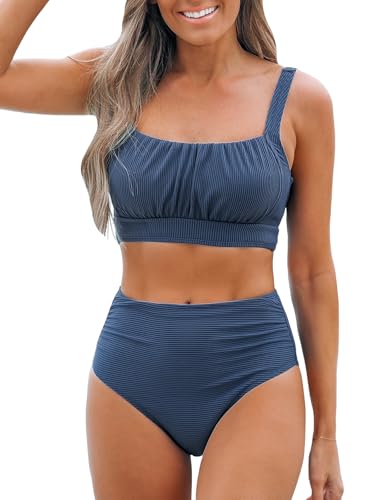 CUPSHE Damen Bikini Set Zweiteilige Bademode Hohe Taille Quadratischer Ausschnitt Verstellbare Träger Raffung Badeanzug Blue/Stripes L CUPSHE Damen Bikini Set Zweiteilige Bademode Hohe Taille Quadratischer Ausschnitt Verstellbare Träger Raffung Badeanzug Blue/Stripes L von CUPSHE