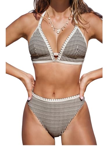 CUPSHE Damen Bikini Set Zweiteilige Bademode Hohe Taille V Ausschnitt Hoher Beinausschnitt Cheeky Bottom Farbblock Badeanzug Brown/Beige Gingham S von CUPSHE