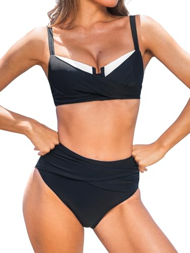 CUPSHE Damen Bikini Set Zweiteilige Bademode Verstellbare Träger Hohe Taille Raffung Farbblock Badeanzug Schwimmanzug Schwarz L CUPSHE Damen Bikini Set Zweiteilige Bademode Verstellbare Träger Hohe Taille Raffung Farbblock Badeanzug Schwimmanzug Schwarz L von CUPSHE