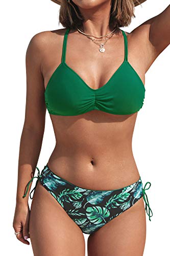 CUPSHE Damen Bikini Set mit Geflochtenen Trägern Blättermuster Bademode Reversible Bikinihose Zweiteiliger Badeanzug Fensterblätter XL von CUPSHE