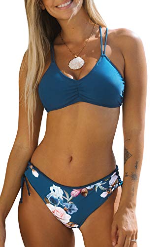 CUPSHE Damen Bikini Set mit Geflochtenen Trägern Blumenmuster Bademode Reversible Bikinihose Zweiteiliger Badeanzug Marineblau L von CUPSHE