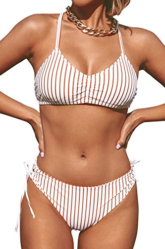 CUPSHE Damen Bikini Set mit Geflochtenen Trägern Streifen Bademode Reversible Bikinihose Zweiteiliger Badeanzug Braun M von CUPSHE
