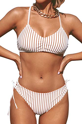 CUPSHE Damen Bikini Set mit Geflochtenen Trägern Streifen Bademode Reversible Bikinihose Zweiteiliger Badeanzug Braun S von CUPSHE