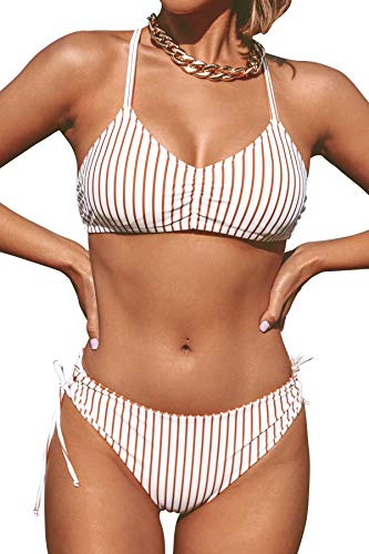 CUPSHE Damen Bikini Set mit Geflochtenen Trägern Streifen Bademode Reversible Bikinihose Zweiteiliger Badeanzug Braun XS von CUPSHE