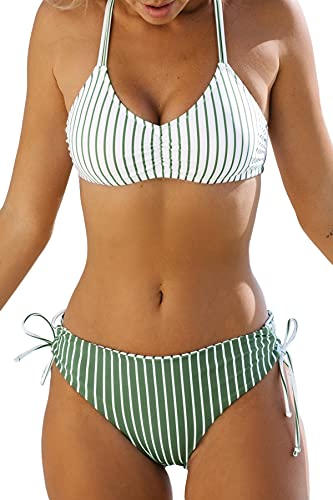 CUPSHE Damen Bikini Set mit Geflochtenen Trägern Streifen Bademode Reversible Bikinihose Zweiteiliger Badeanzug Mintgrün M von CUPSHE