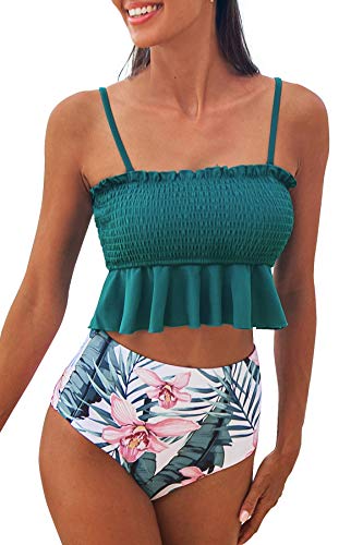 CUPSHE Damen Bikini Set mit Tropischem Blätterprint Bandeau Gesmokte Bademode Rüschen High Waist Zweiteiliger Badeanzug Blaugrün XS von CUPSHE