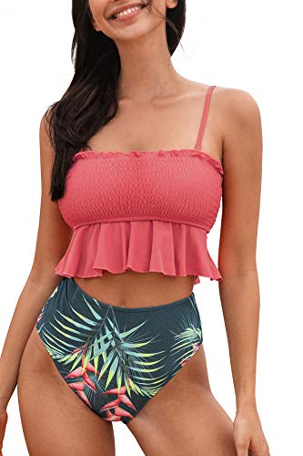 CUPSHE Damen Bikini Set mit Tropischem Blätterprint Bandeau Gesmokte Bademode Rüschen High Waist Zweiteiliger Badeanzug Rosa/Grün L von CUPSHE