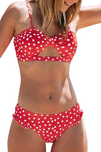 CUPSHE Damen Bikini Set Polka Dots Cutout Bikini Bademode Low Waist Rüschen Zweiteiliger Badeanzug Swimsuit Rot XS von CUPSHE