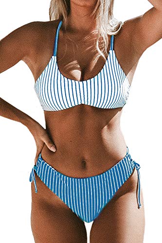 CUPSHE Damen Bikini Set mit geflochtenen Trägern Hinten Gestreifte Bademode Wende-Slip Zweiteiliger Badeanzug Blau XS von CUPSHE