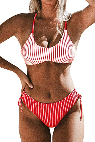 CUPSHE Damen Bikini Set mit geflochtenen Trägern Hinten Gestreifte Bademode Wende-Slip Zweiteiliger Badeanzug Rot XS von CUPSHE