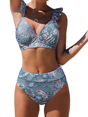 CUPSHE Damen Bikini Set V Ausschnitt High Waist Bademode Rüschenträger Paisley Print Zweiteiliger Badeanzug Swimsuit Paisley Print M von CUPSHE