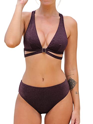 CUPSHE Damen-Bikini-Sets, Badeanzug, dreieckig, O-Ring, tiefer V-Ausschnitt, Rückenbindung, mittlere Taille, 2-teiliger Badeanzug, burgunderrot, L von CUPSHE