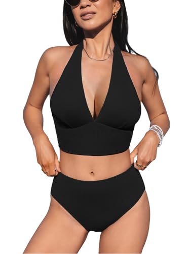 CUPSHE Damen Bikini Sets Zweiteiliger Badeanzug Hohe Taille Neckholder Back Self Tie V Ausschnitt Rückenfrei, Schwarz, Large von CUPSHE