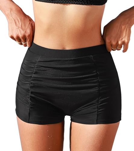 CUPSHE Damen Bikini Shorts High Waist Bauchweg Raffung Badehose Badeshorts Bikini Unterteil Schwarz XL von CUPSHE