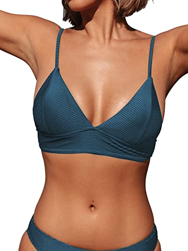 CUPSHE Damen Bikini Top Gepolstert Triangelkörbchen Breites Unterbrustband Gerippte Textur Bikinioberteile Marineblau XS von CUPSHE