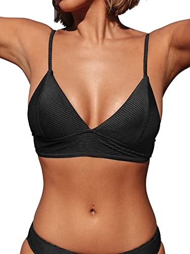 CUPSHE Damen Bikini Top Gepolstert Triangelkörbchen Breites Unterbrustband Gerippte Textur Bikinioberteile Schwarz L von CUPSHE