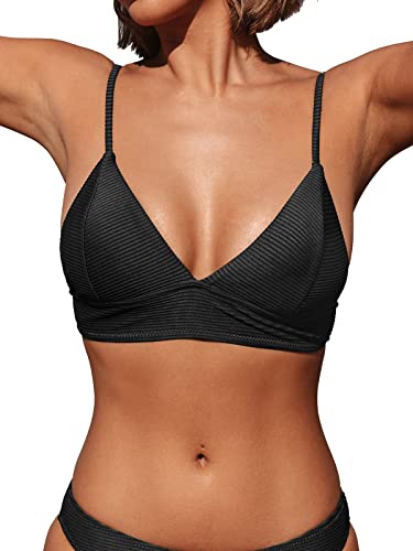 CUPSHE Damen Bikini Top Gepolstert Triangelkörbchen Breites Unterbrustband Gerippte Textur Bikinioberteile Schwarz S von CUPSHE