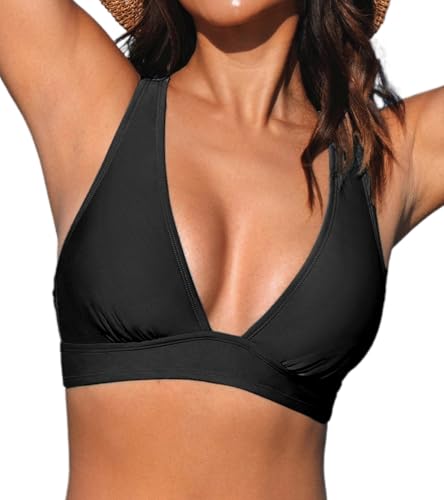 CUPSHE Damen Bikini Top V Ausschnitt Cross Back Lace Up Bademode Bikini Oberteil Schwarz XL von CUPSHE