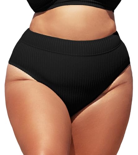 CUPSHE Damen-Bikinihose, Übergröße, hohe Taille, gerippt, Bauchkontrolle, breites Band, Badeanzug-Slip, Schwarz , L von CUPSHE