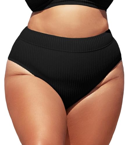 CUPSHE Damen-Bikinihose, Übergröße, hohe Taille, gerippt, Bauchkontrolle, breites Band, Badeanzug-Slip, Schwarz , XL von CUPSHE