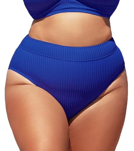 CUPSHE Damen-Bikinihose, Übergröße, hohe Taille, gerippt, Bauchkontrolle, breites Band, Badeanzug-Slip, blau, 50 von CUPSHE