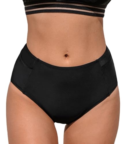 CUPSHE Damen-Bikinihose, hoch gewaschen, Bauchkontrolle, Badeanzug, volle Abdeckung, Retro-Badehose mit Taschen (Größe XS - 4XL), Schwarz, Large von CUPSHE