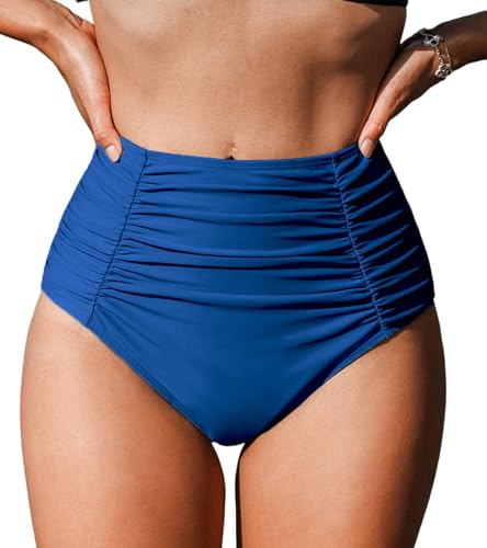 CUPSHE Damen-Bikinihose, hoch gewaschen, gerafft, Bauchkontrolle, Badeanzug, volle Abdeckung, Retro-Badehose (XS - 4XL), königsblau, L von CUPSHE