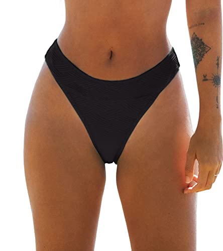 CUPSHE Damen Bikinihose High Cut Mid Waist Cheeky Bikini Badehose Hipster Texturiert Bikini Slip Schwarz S von CUPSHE