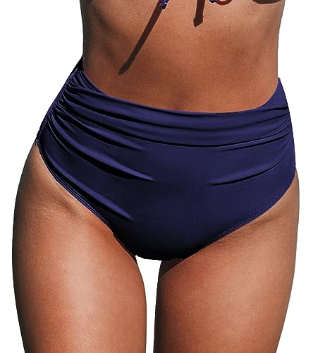 CUPSHE Damen Bikinihose High Waist Bauchweg Raffung Badehose Hipster Unifarben Cheeky Bikini Slip Marineblau L von CUPSHE