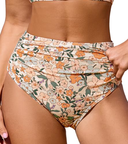 CUPSHE Damen Bikinihose High Waist Bauchweg Raffung Cheeky Badehose Bikini Slip Apricot/Blumen M von CUPSHE