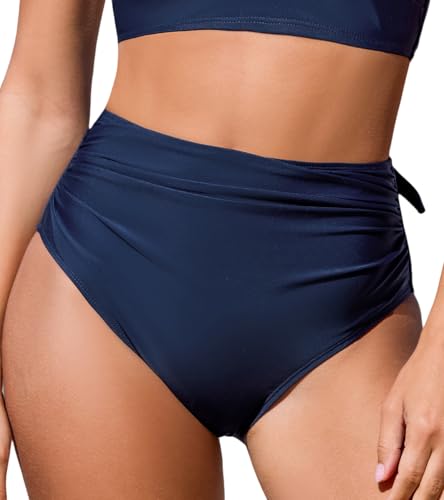 CUPSHE Damen Bikinihose High Waist Bauchweg Raffung Cheeky Badehose Bikini Slip Marineblau S von CUPSHE
