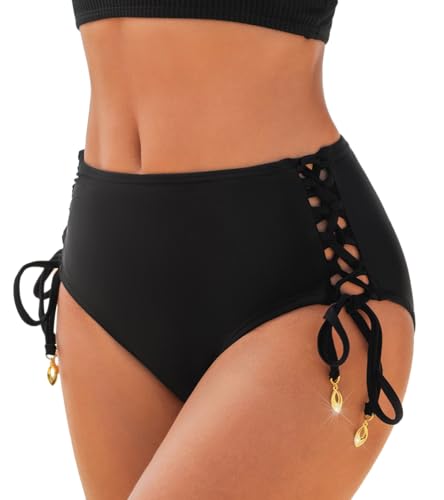 CUPSHE Damen Bikinihose High Waist Side Tie Schnüren Cheeky Badehose Bikini Slip Bikini Bottoms Schwarz S von CUPSHE