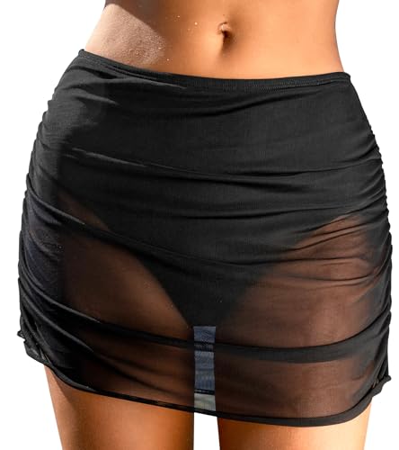 CUPSHE Damen Bikinirock Mittlere Taille Raffung Sheer Mesh Bikinihose Baderock mit Innenslip Hotpants Bikini-Unterteil Schwarz XL von CUPSHE