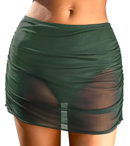 CUPSHE Damen Bikinirock mit Innenslip Mid Waist Transparente Mesh Raffung Baderock Schwimmshorts Bikini-Unterteil Timber Green L von CUPSHE