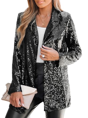 CUPSHE Damen Blazer Pailletten Glitzer Jacke Revers Langarm Vorne Offen Party Festlich Cardigan Outwear Schwarz XL von CUPSHE