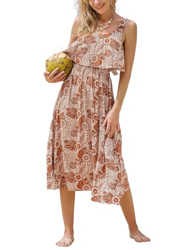 CUPSHE Damen Blumen Rückenfrei Strandkleid Rüschen Tropisch Ärmellos U-Ausschnitt Maxi Sommerkleider, burnt orange, Klein von CUPSHE