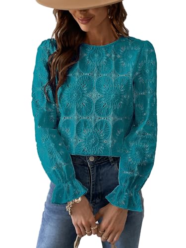 CUPSHE Damen Bluse Blumen Cutout Rundhalsausschnitt Langarm Rüschen Oberteile Casual Shirt Elegant Hemd Tops, Dunkles Blaugrün, XS von CUPSHE