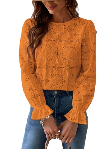 CUPSHE Damen Bluse Blumen Cutout Rundhalsausschnitt Langarm Rüschen Oberteile Casual Shirt Elegant Hemd Tops Orange XXL CUPSHE Damen Bluse Blumen Cutout Rundhalsausschnitt Langarm Rüschen Oberteile Casual Shirt Elegant Hemd Tops Orange XXL von CUPSHE
