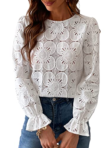 CUPSHE Damen Bluse Blumen Cutout Rundhalsausschnitt Langarm Rüschen Oberteile Casual Shirt Elegant Hemd Tops Weiß L von CUPSHE