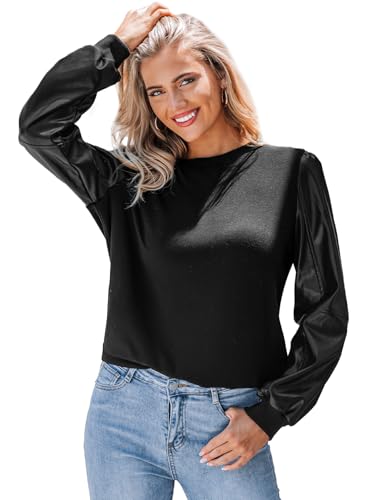 CUPSHE Damen Bluse Langarm Faux Leder Puffärmel Rundhals Modische Stricktops Elegante Bluse Tops Pullover Schwarz L von CUPSHE