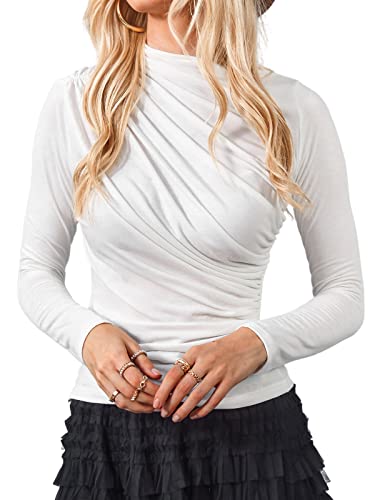 CUPSHE Damen Bluse Oberteile Stehkragen Zierfalten Langarm Unterhemd Tunika Blusentop Shirts Weiß XL von CUPSHE