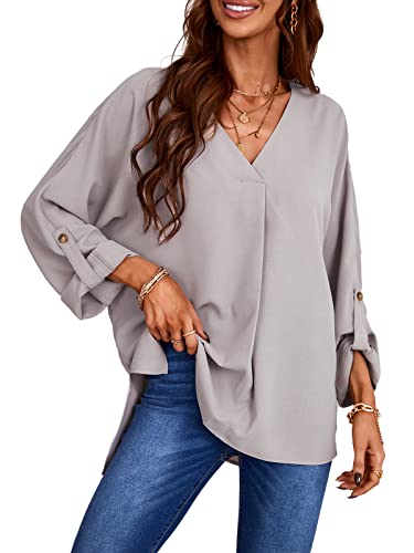 CUPSHE Damen Bluse Oberteile V Ausschnitt Langarm Seitenschlitz Chiffon Lässige Tunika Blusentop Langarmshirts Grau XL von CUPSHE