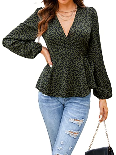 CUPSHE Damen Bluse Oberteile V Ausschnitt Langarm Wickelbluse Rüschensaum Hemd Tunika Blusentop Shirts Grün L von CUPSHE