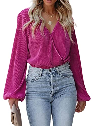 CUPSHE Damen Blusen V-Ausschnitt Wickeloptik Langarm Plissee Falten Tunika Langarmshirt Oberteile Tops Fuchsie S von CUPSHE