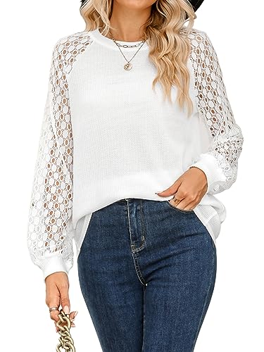 CUPSHE Damen Bluse Rundhals Lange Spitzenärmel Elegant Spitzen Oberteile Tops Langarmshirt Lässige Tunika Hemd Weiß L von CUPSHE