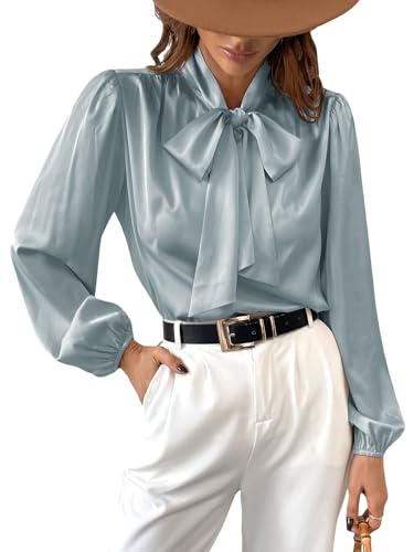 CUPSHE Damen Bluse Stehkragen mit Schleife Langarm Elegant Satin Schluppenshirt Oberteile Büroblusen Hemdbluse Tops Mintgrün L von CUPSHE