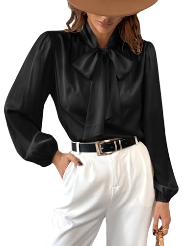 CUPSHE Damen Bluse Stehkragen mit Schleife Langarm Elegant Satin Schluppenshirt Oberteile Büroblusen Hemdbluse Tops Schwarz M von CUPSHE